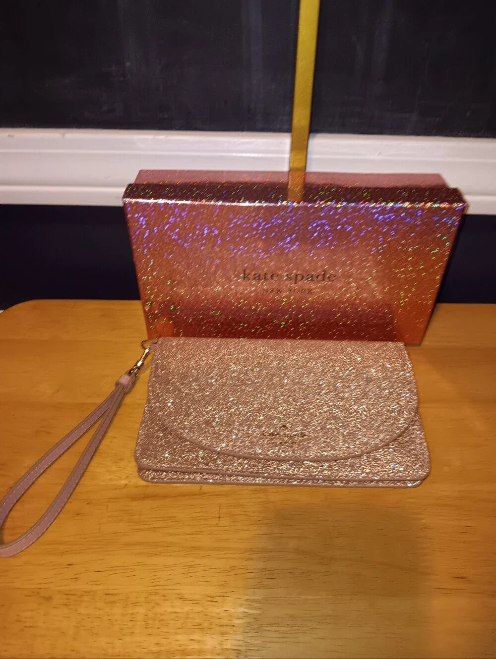 kate spade rose gold glitter wristlet With Box